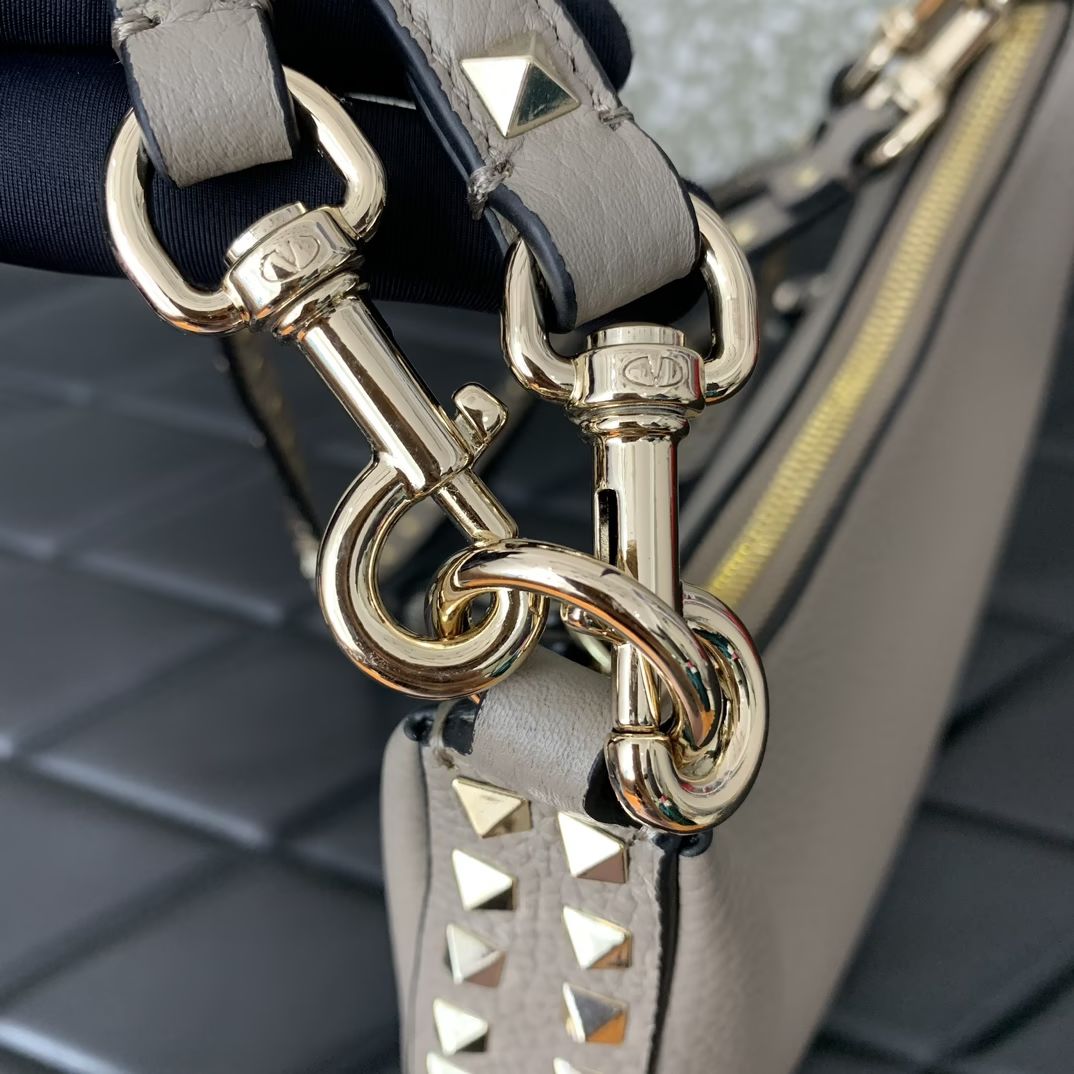 Valentino Garavani Rockstud Small Hobo Bag in Grey Grainy Calfskin